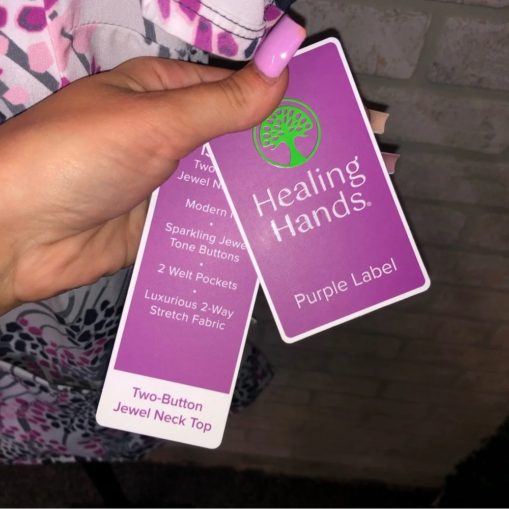 Healing Hands Purple Label Two Button Jewel Neck purple patterned scrub top - Picture 5 of 6